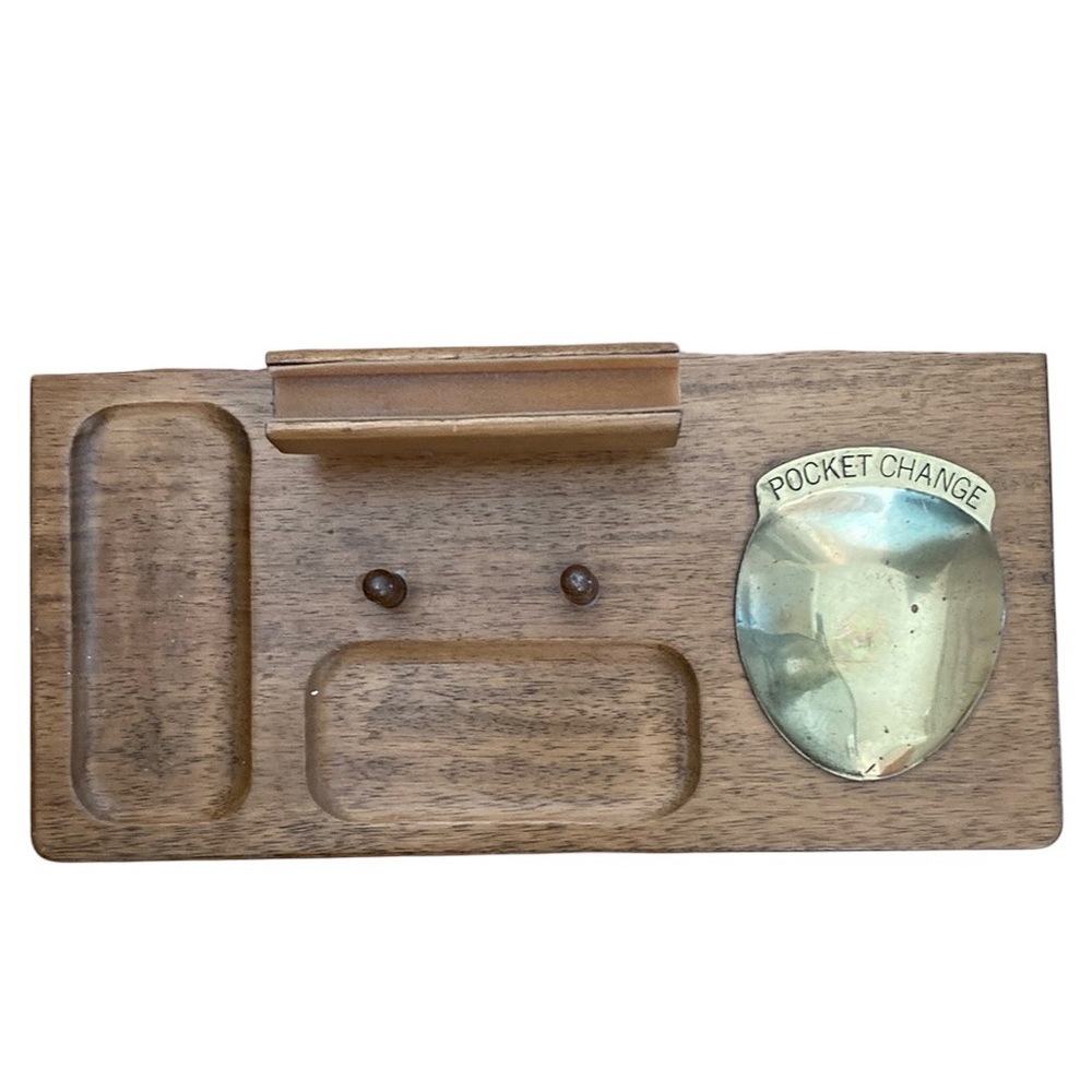 London Leather Wood Dresser Valet W/ Brass Trinket Tray Cuff Links Watch